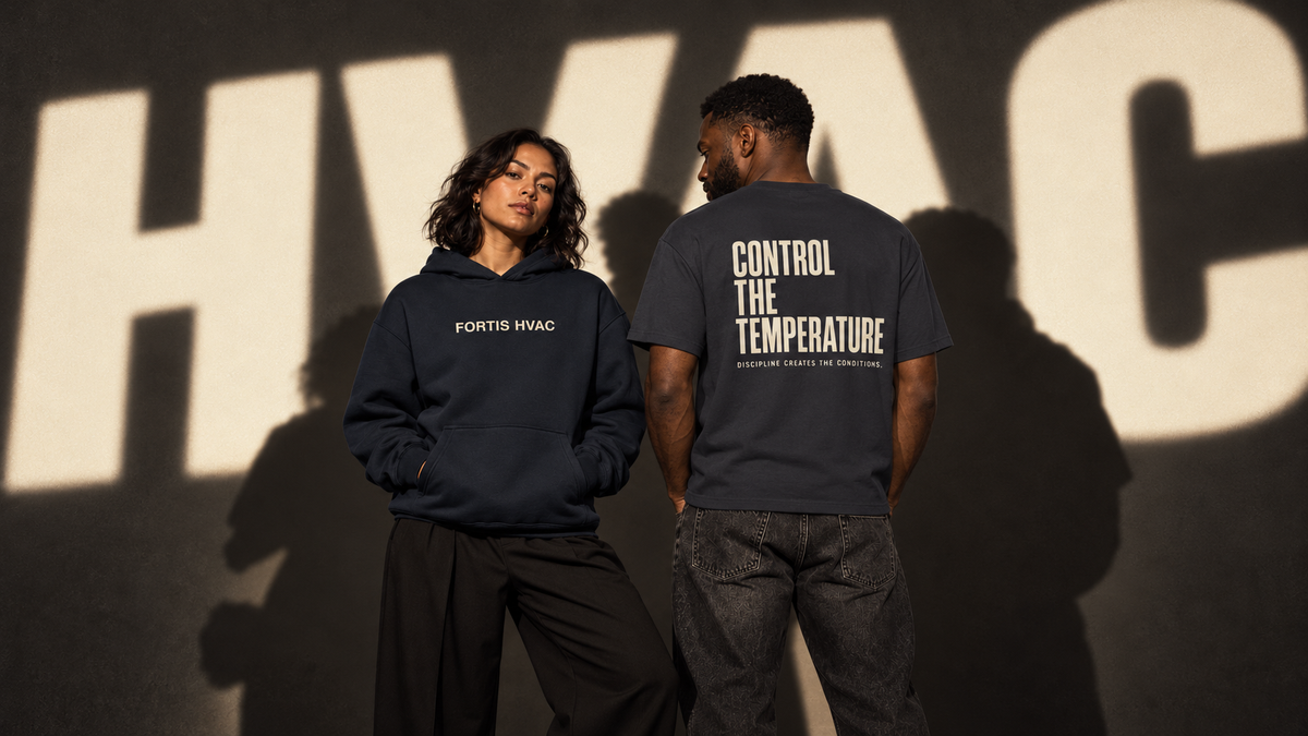 Woman in a navy Fortis HVAC hoodie beside a man showing the Control the Temperature tee back